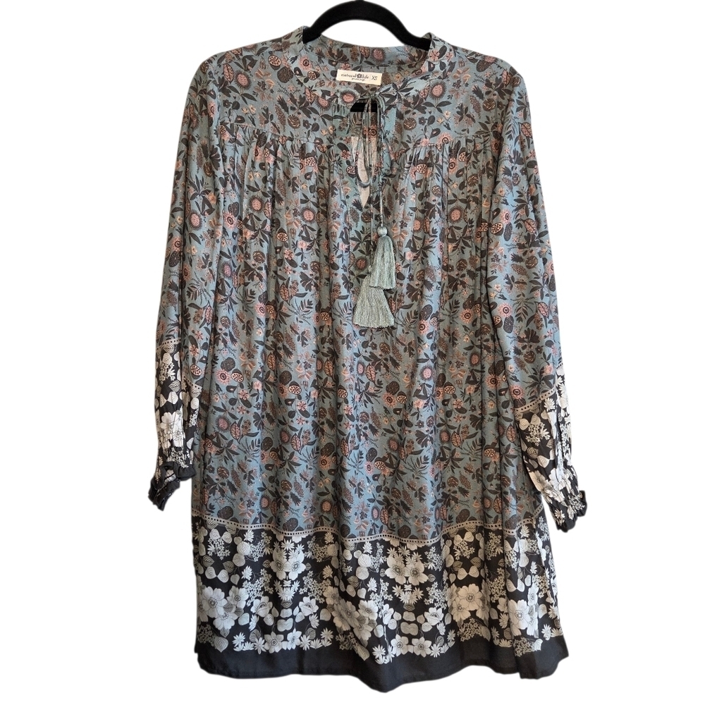 Natural Life Dara Tunic Mini Dress Sz XS Floral Boho Tassels Cottagecore Prairie